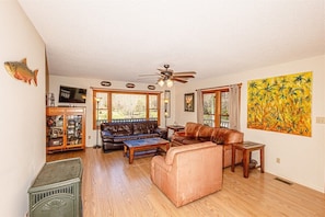 Smart TV, fireplace, DVD player, foosball