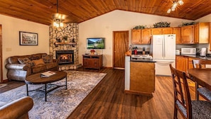 Una sala de estar acogedora con chimenea, una pared de piedra y un televisor. Hay una zona de cocina con armarios de madera y un refrigerador.