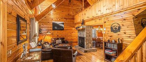 TV connectée, cheminée, lecteur de DVD, vidéothèque