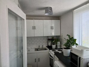 A compact kitchen with white cabinets, a sink, a stove, and a microwave. There is a potted plant on the counter. - South London 1-bed Apt, Sleeps 3, 8 Mins to Tube (London)