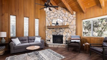 Fernseher, Kamin, Bücher, Stereoanlage