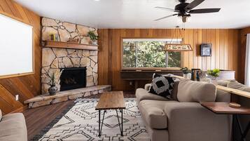 TV, fireplace, books, stereo