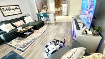 TV connectée, cheminée, livres