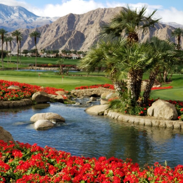 A serene landscape with a water feature, red flowers, and palm trees.