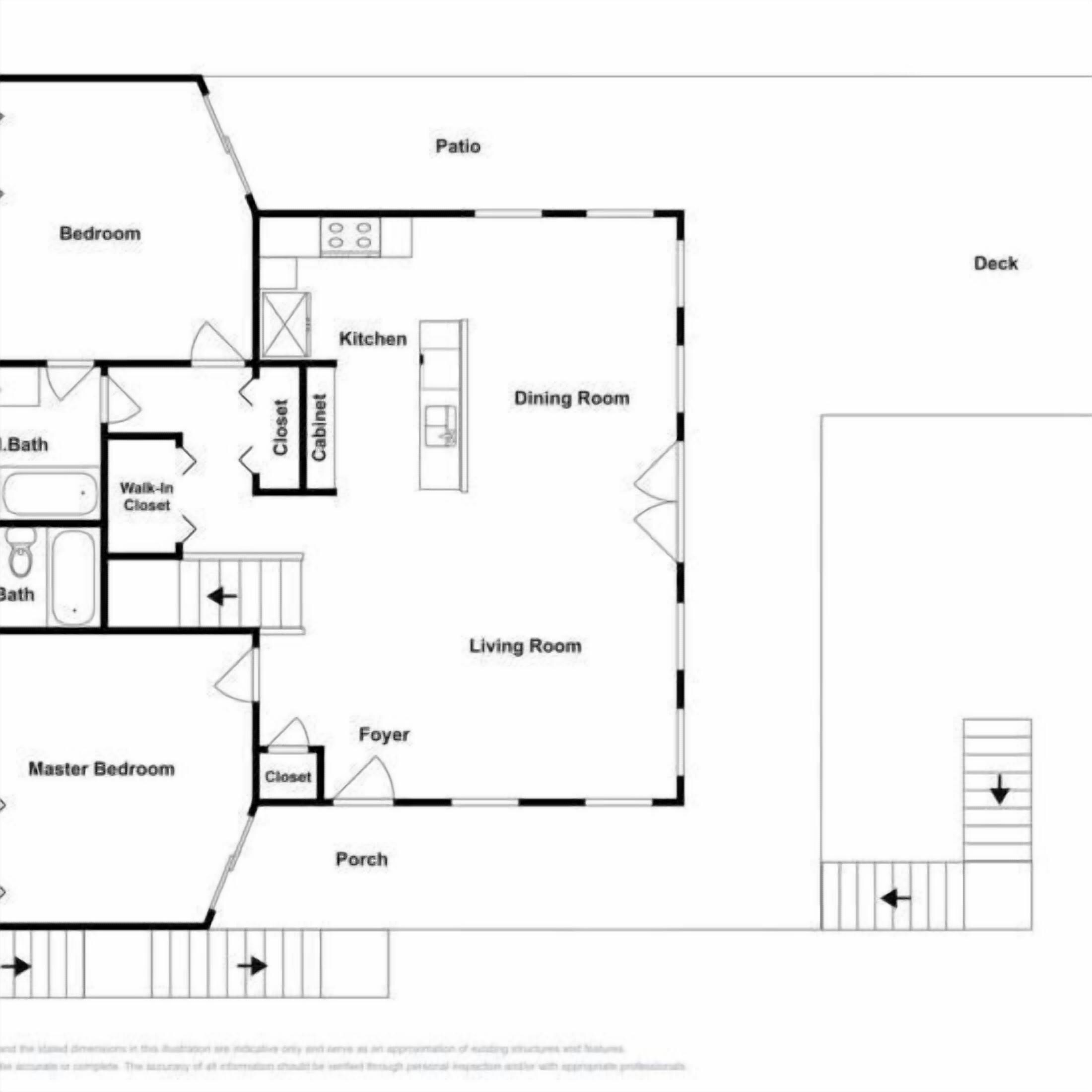 A floor plan of a house with a patio, bedroom, kitchen, dining room, living room, master bedroom, walk-in closet, foyer, and porch.