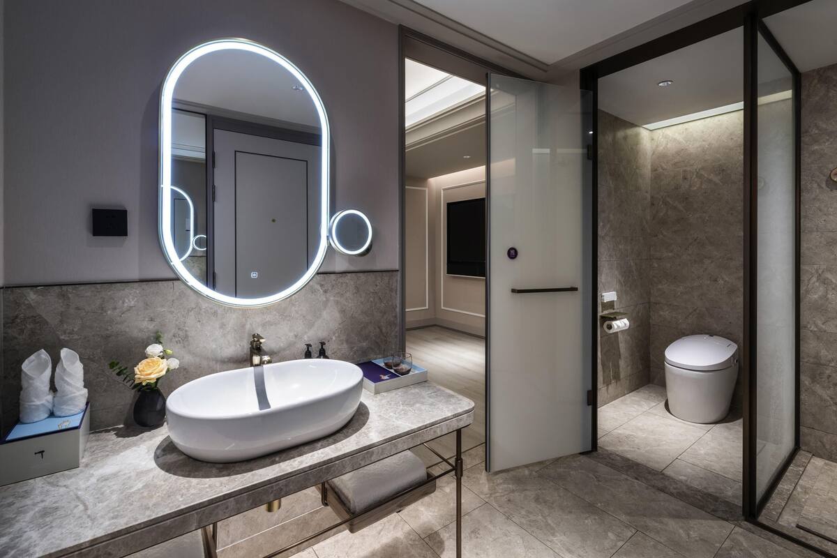 A modern bathroom with a large oval sink, a mirror with integrated lighting, a toilet, and a shower area.