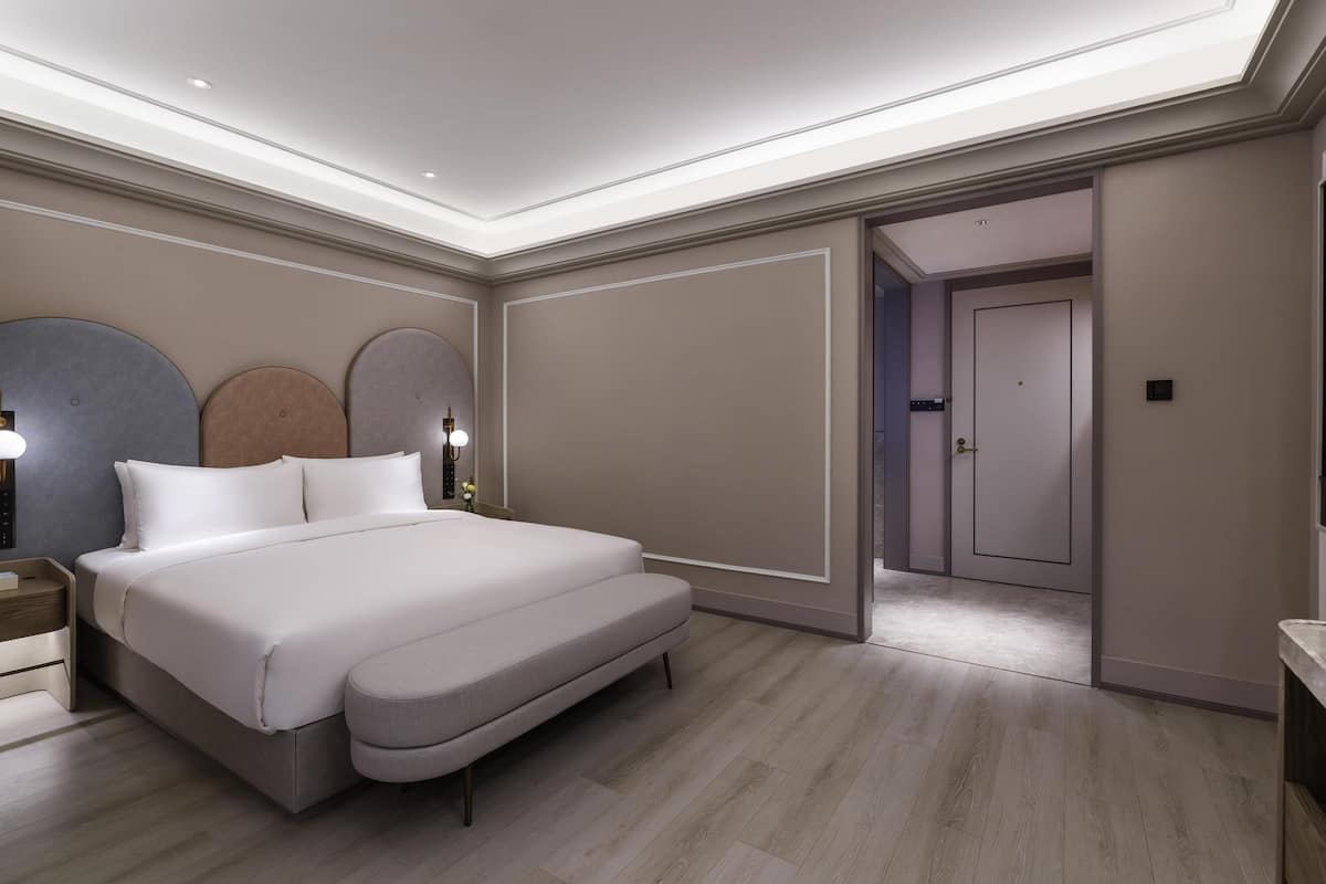 Una camera da letto moderna con un letto grande, comodini e cabina armadio.
