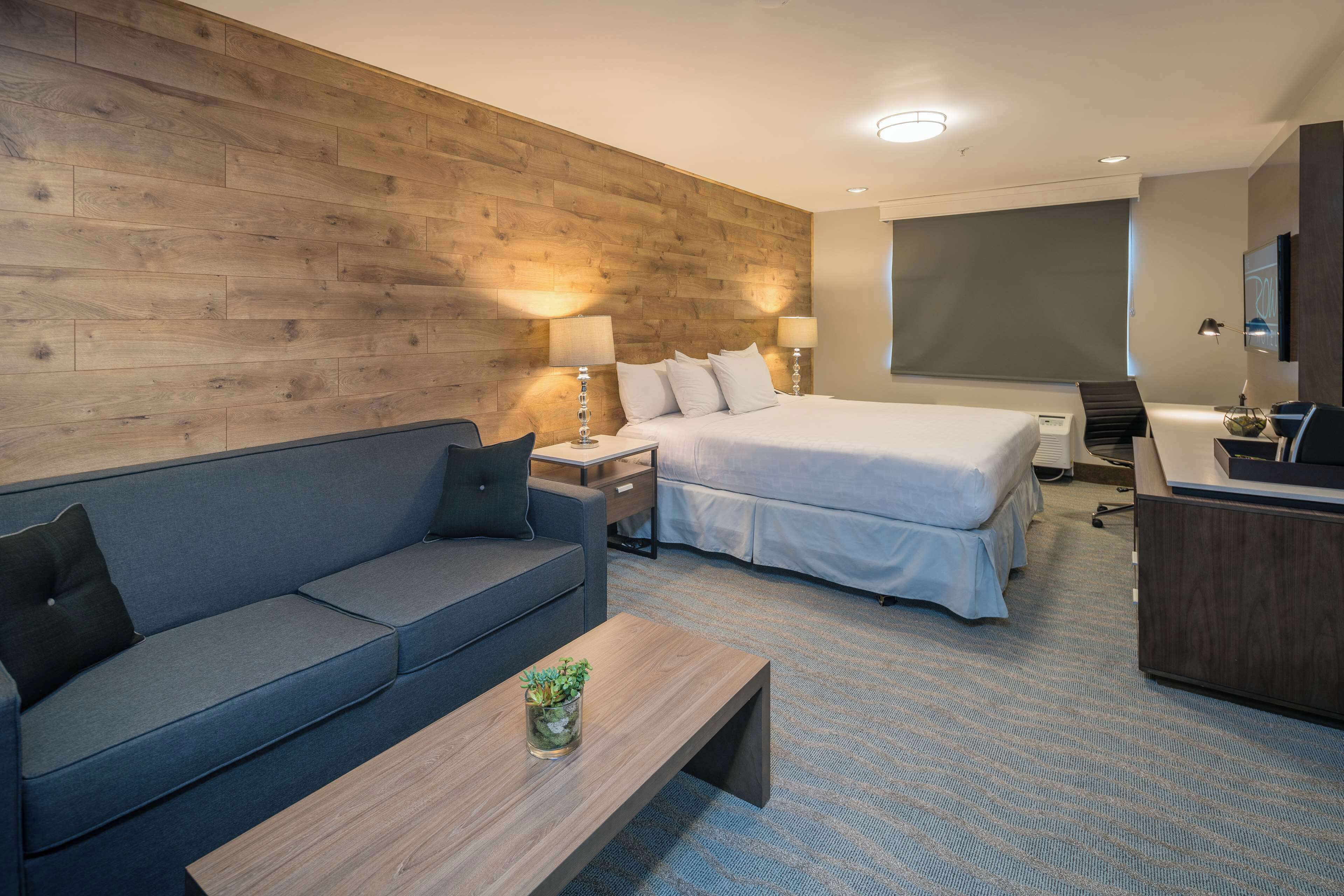 A hotel room with a wooden accent wall, a bed, a sofa, a desk, and a TV.