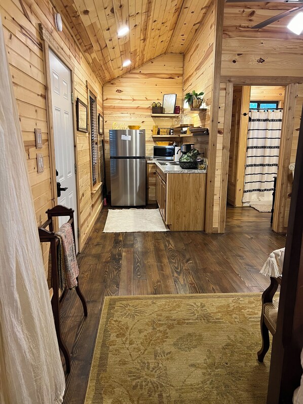 Fridge, microwave, coffee/tea maker, toaster