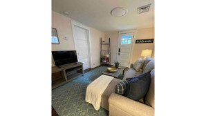 A living room with a sofa, a television, a coffee table, and a patterned rug. - Cheerful 2-bedroom Edenton bungalow getaway (Edenton)