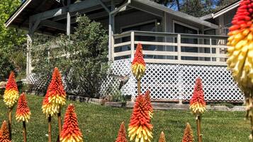 Stroll through the beautifully maintained garden, surrounded by vibrant flowers and a charming wooden deck.
