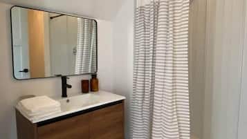 Combined shower/tub, hair dryer, soap, toilet paper