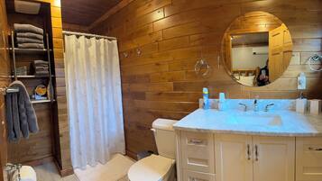 Combined shower/bathtub, hair dryer, towels, soap