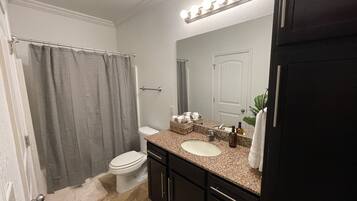 Combined shower/tub, hair dryer, towels