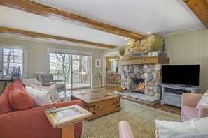 Smart TV, fireplace, DVD player, books