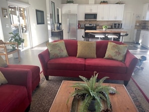 Ein rotes Sofa mit gemusterten Kissen, ein Couchtisch aus Holz mit einem Farn sowie eine Küchenzeile mit weißen Schränken und Geräten.