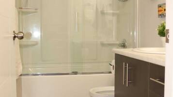 Combined shower/tub, hair dryer, towels, soap
