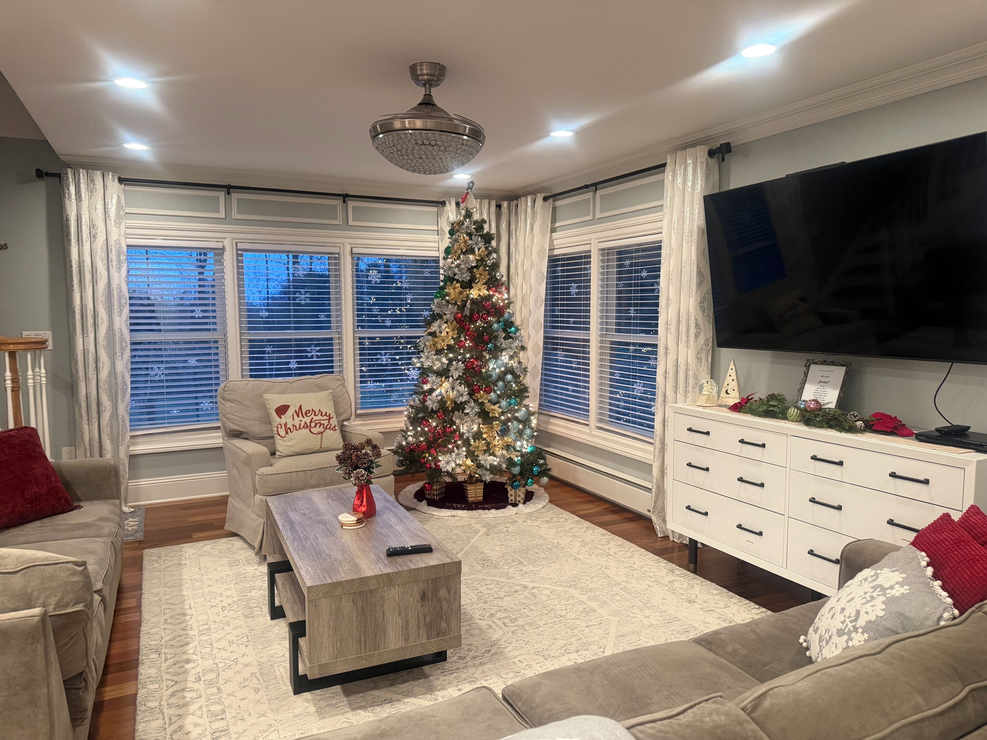 Smart TV, fireplace, video games, DVD player