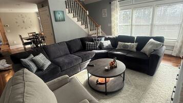 Smart TV, fireplace, video games, DVD player