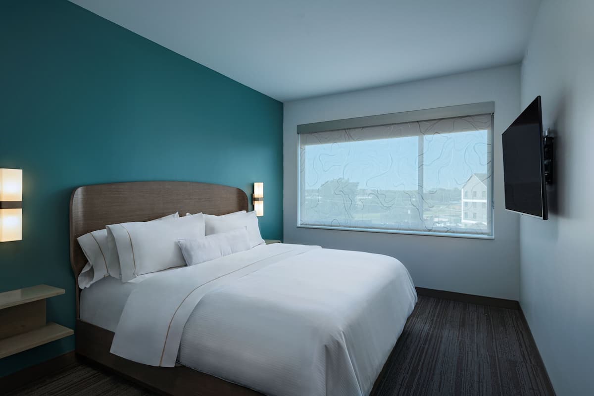 Habitación de hotel con una cama grande, un televisor en la pared y una ventana con vistas a edificios.