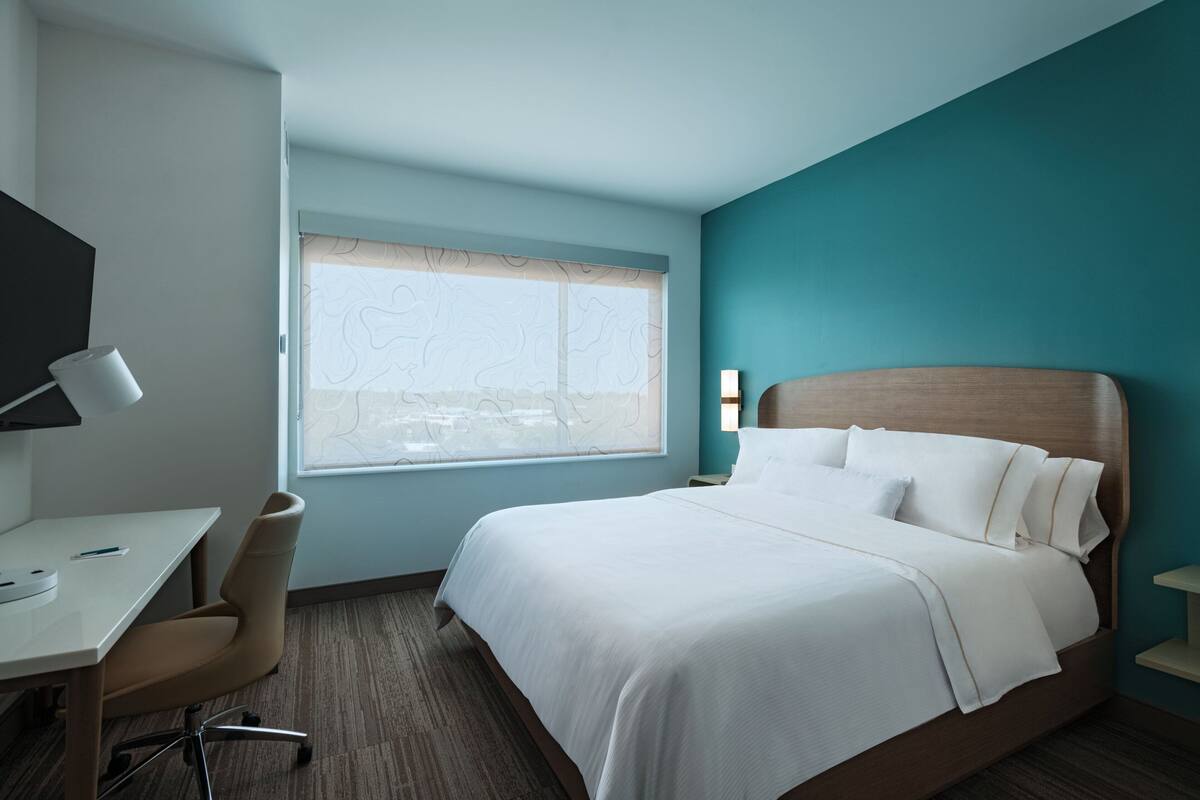 Habitación de hotel con cama, escritorio, silla y televisor montado en la pared.