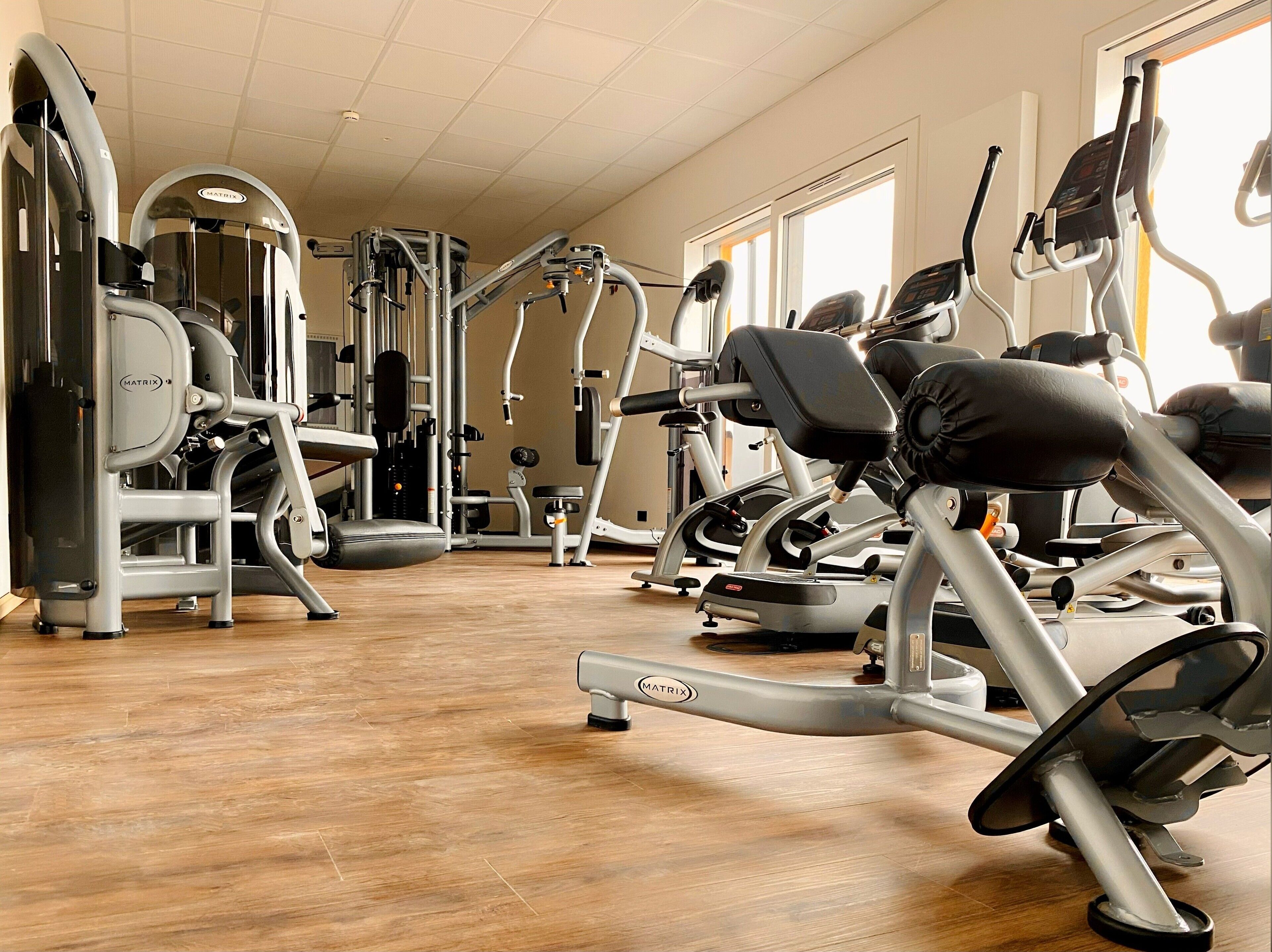 Une salle de sport équipée de divers appareils d’exercice, dotée d’un plancher en bois et de grandes fenêtres laissant entrer la lumière naturelle.