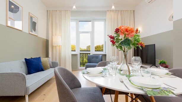A modern living room with a grey sofa, a dining table set with plates and glasses, a TV, and a large window with curtains.