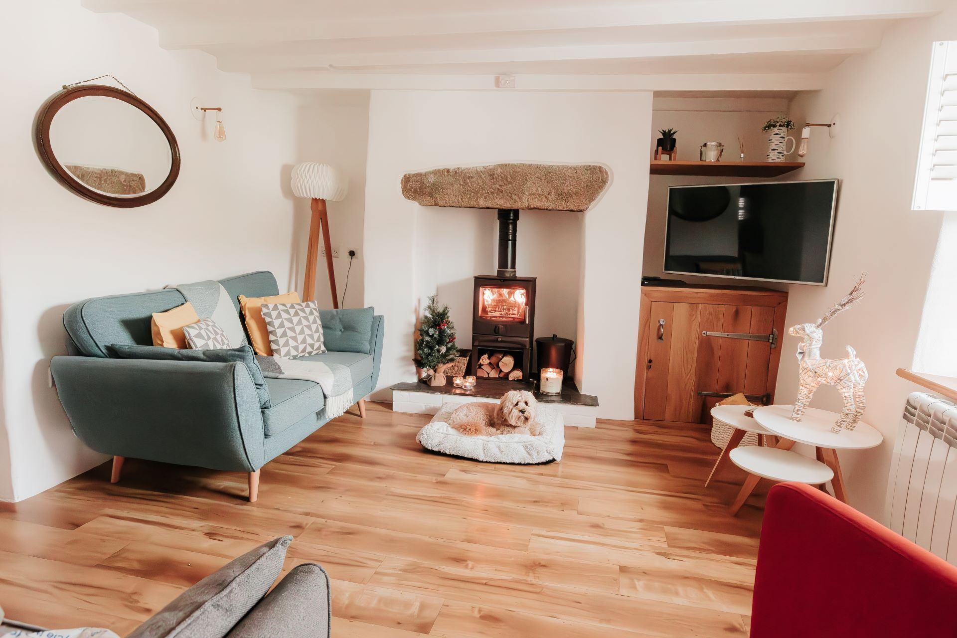 Smart TV, fireplace, books, music library