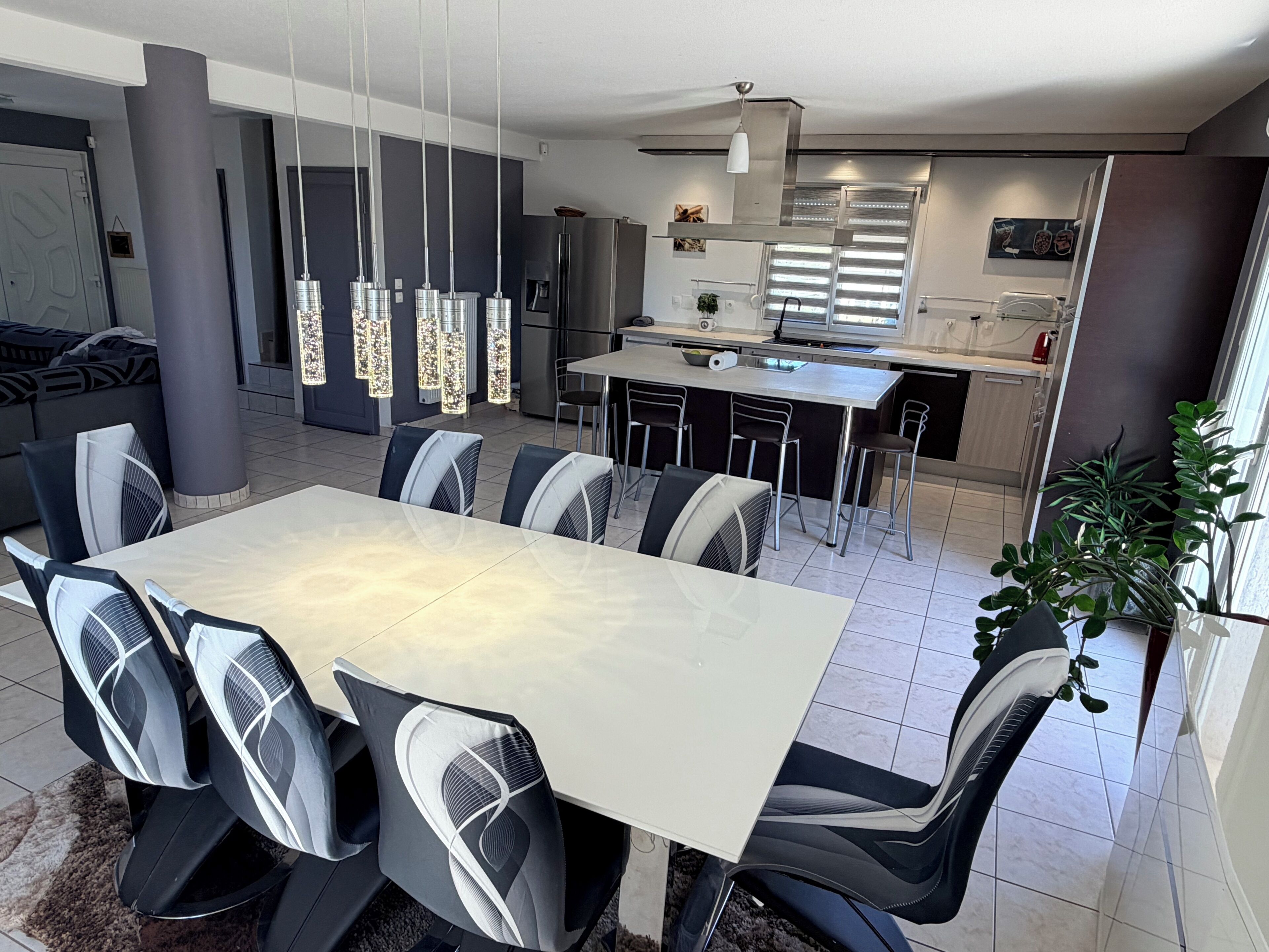 A modern dining area with a large table and chairs, a kitchen in the background, and a potted plant.