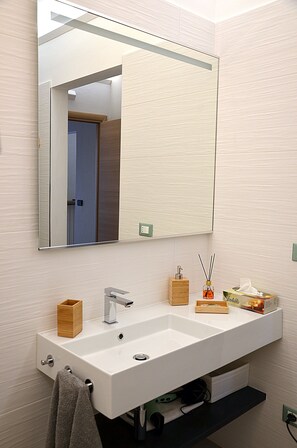 Douche, séchoir à cheveux, bidet, serviettes fournies