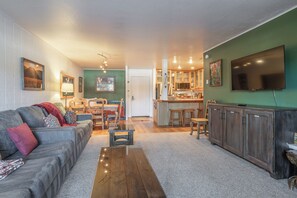Smart TV, fireplace, books