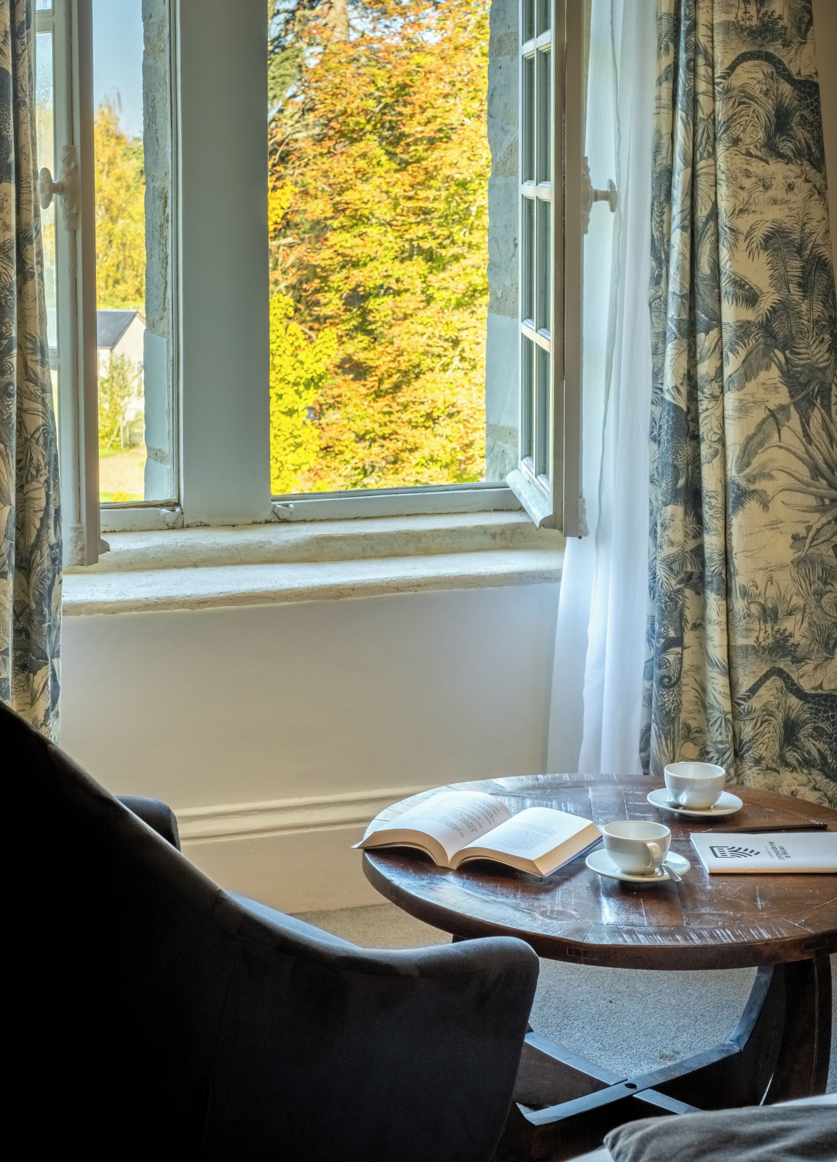 A room with a window, a table with a book and two cups, and a chair.