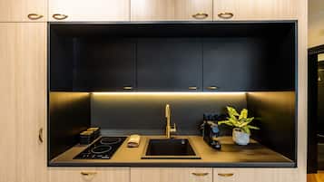 Mini-fridge, microwave, stovetop, espresso maker