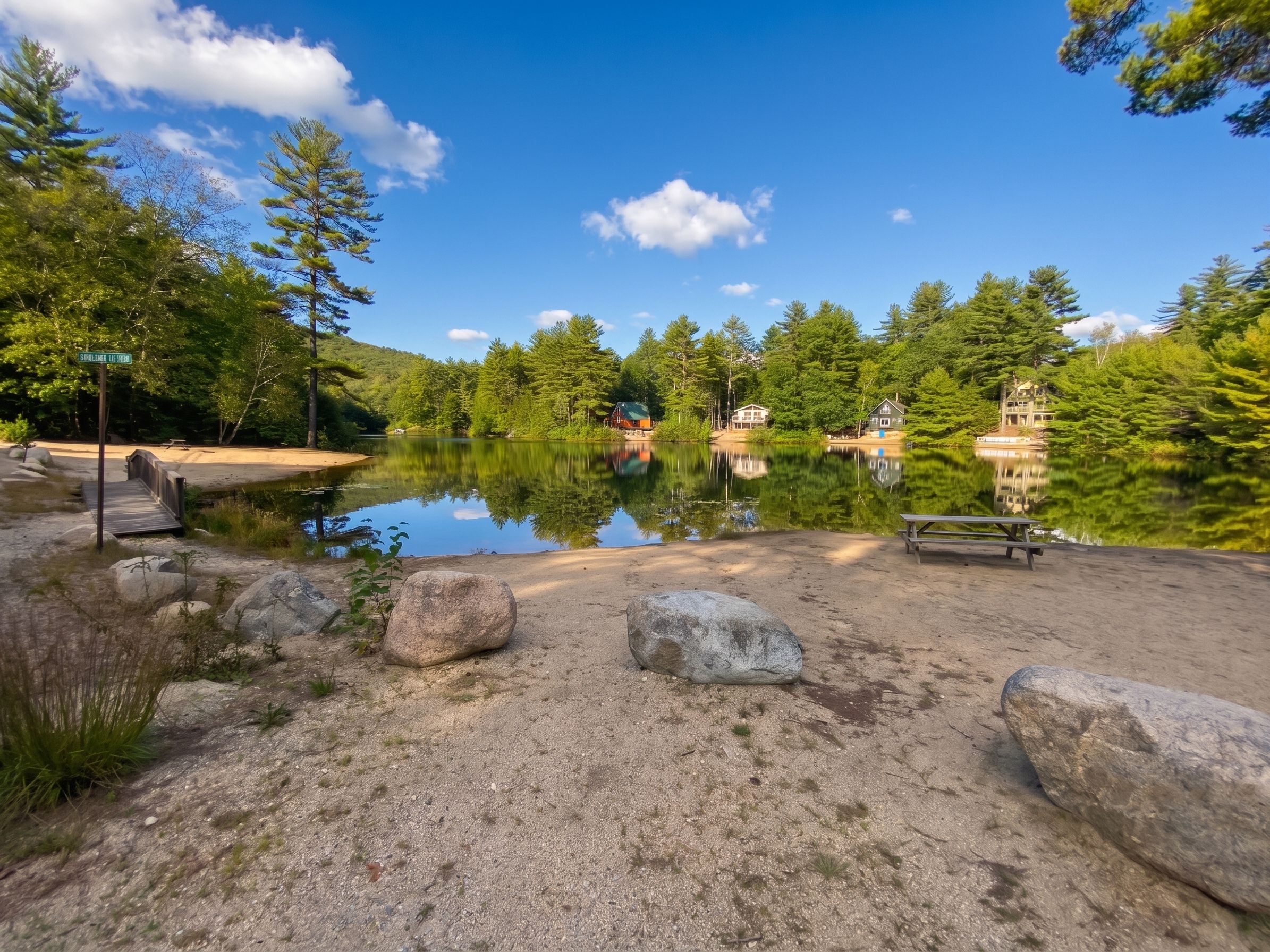 A lakeside campsite with a picnic table, large rocks, and cabins in the background.