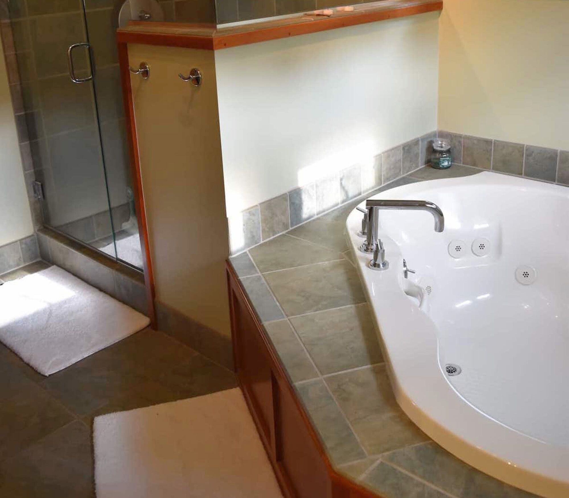 Combined shower/bathtub, jetted bath, hair dryer, towels