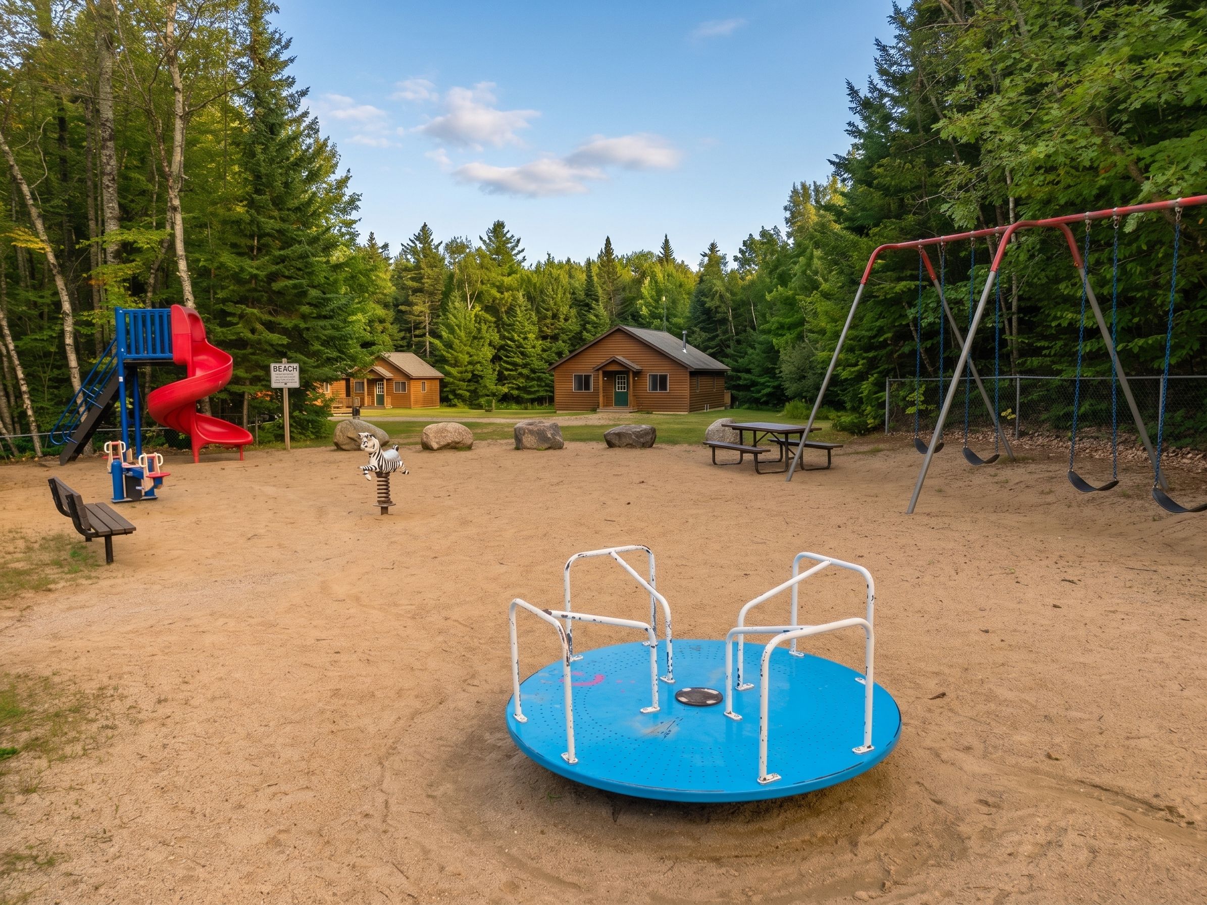 A playground with a red slide, swings, and a blue merry-go-round.