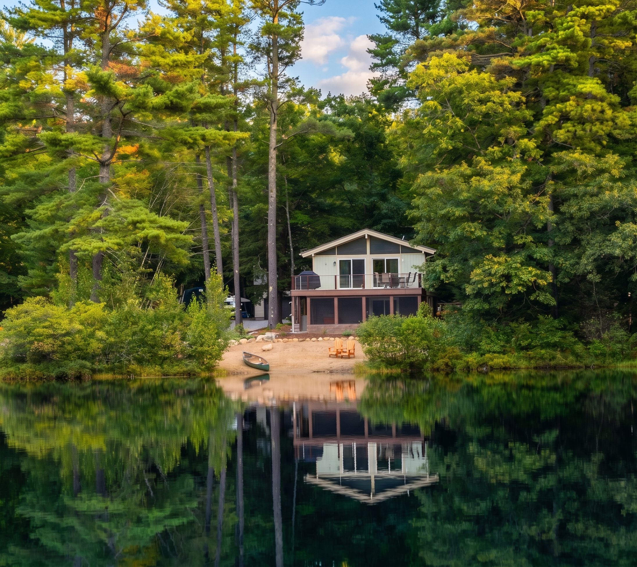 A lakeside cabin with a dock, surrounded by dense forest.