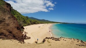 On the beach, sun-loungers, beach towels