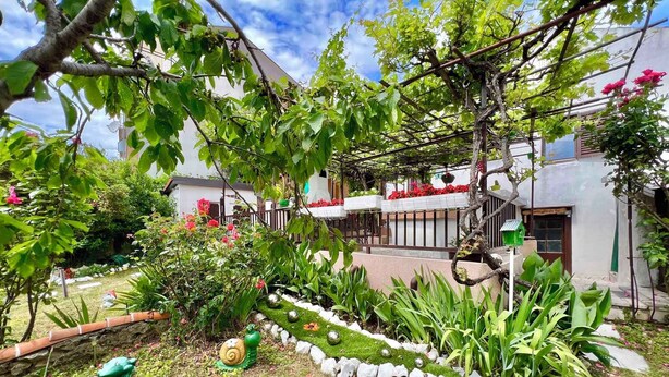 A garden with a variety of plants and flowers, a small pond, and a pergola structure. - Holiday home With air conditioning in every room and a large garden with barbecue (Crikvenica)