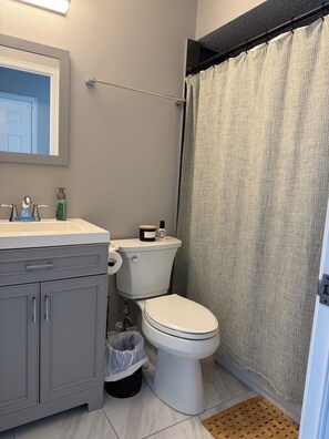 Ein Badezimmer mit Toilette, Waschbecken und Duschvorhang.