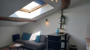 A compact living space with a skylight, a sofa with cushions, a small table, a black cabinet, and a trash bin. - STUDIO LE NID ★ PLEIN CENTER ★ LUMINEUX ★ WIFI (Valence d'Agen)