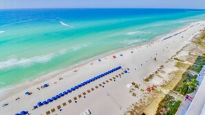 Uma praia com fileiras de guarda-sóis azuis e cadeiras de praia, areal arenoso e o oceano.