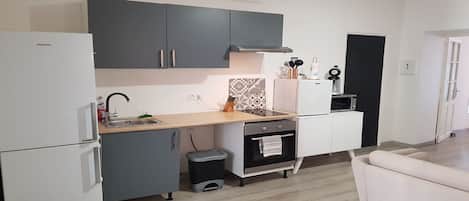 Frigorífico, microondas, horno y placa de cocina
