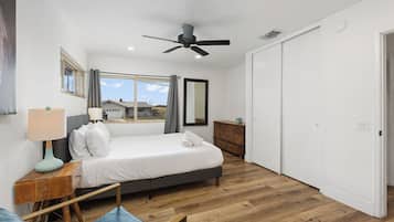 7 bedrooms, memory foam beds, blackout drapes, iron/ironing board