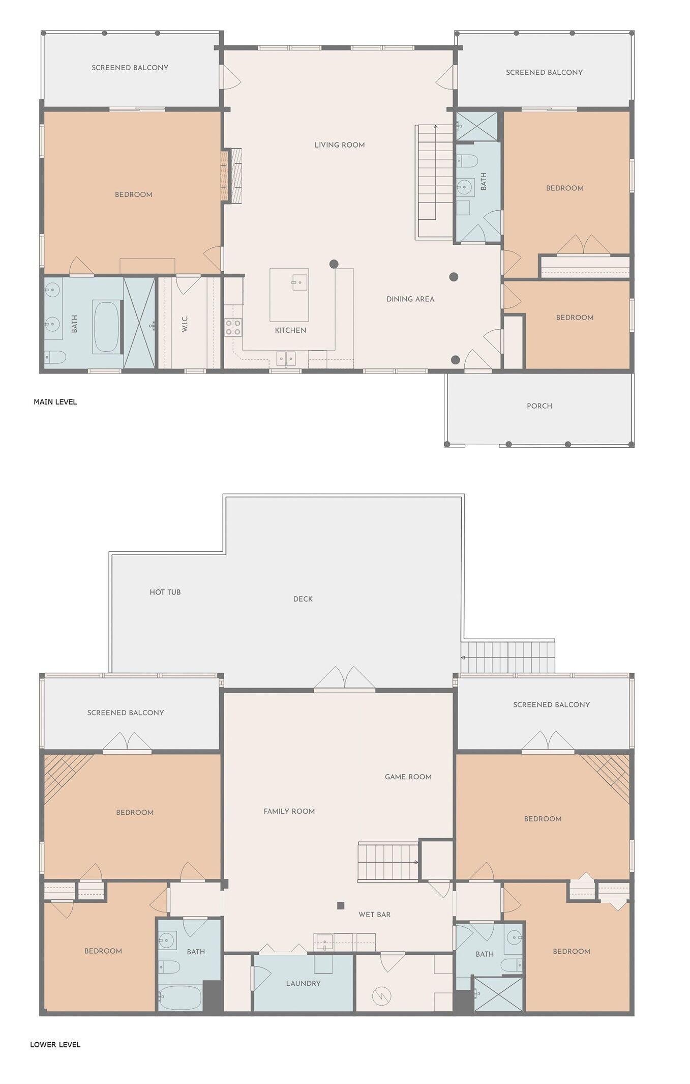 A two-story hotel layout with bedrooms, a living room, kitchen, dining area, and a wet bar.