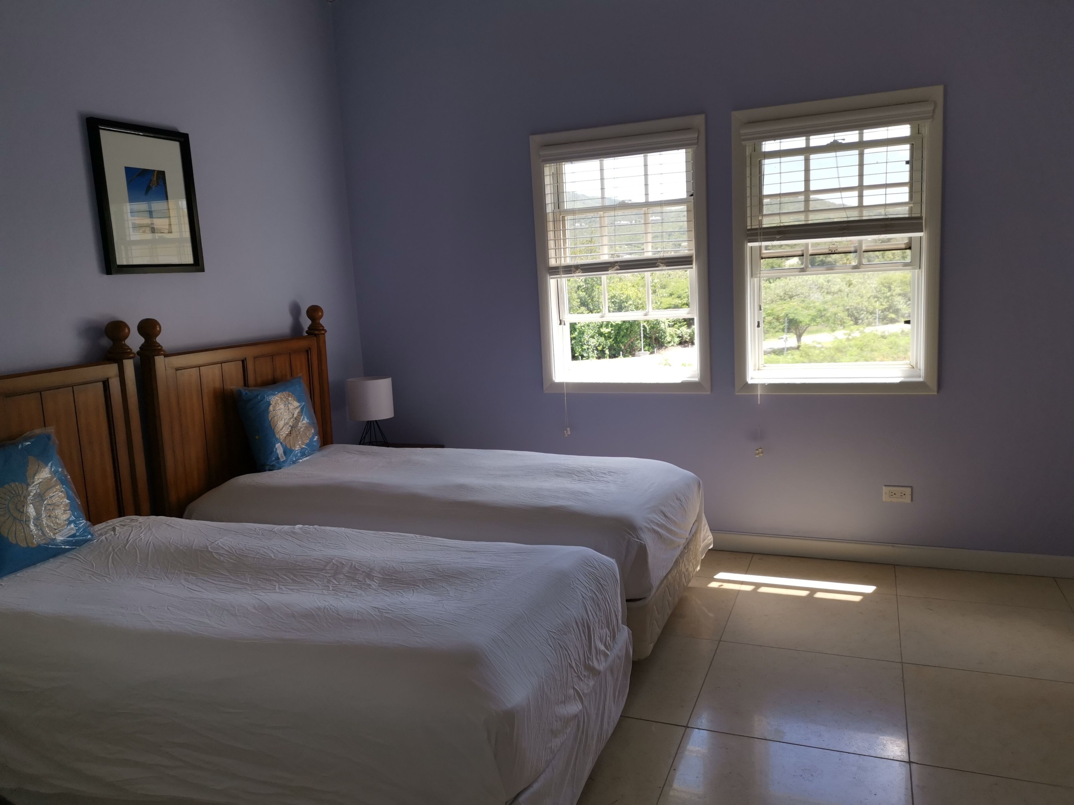 A room with two beds, a wooden headboard, a framed picture on the wall, and two windows with a view of greenery.