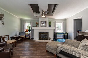Smart TV, fireplace, foosball, books