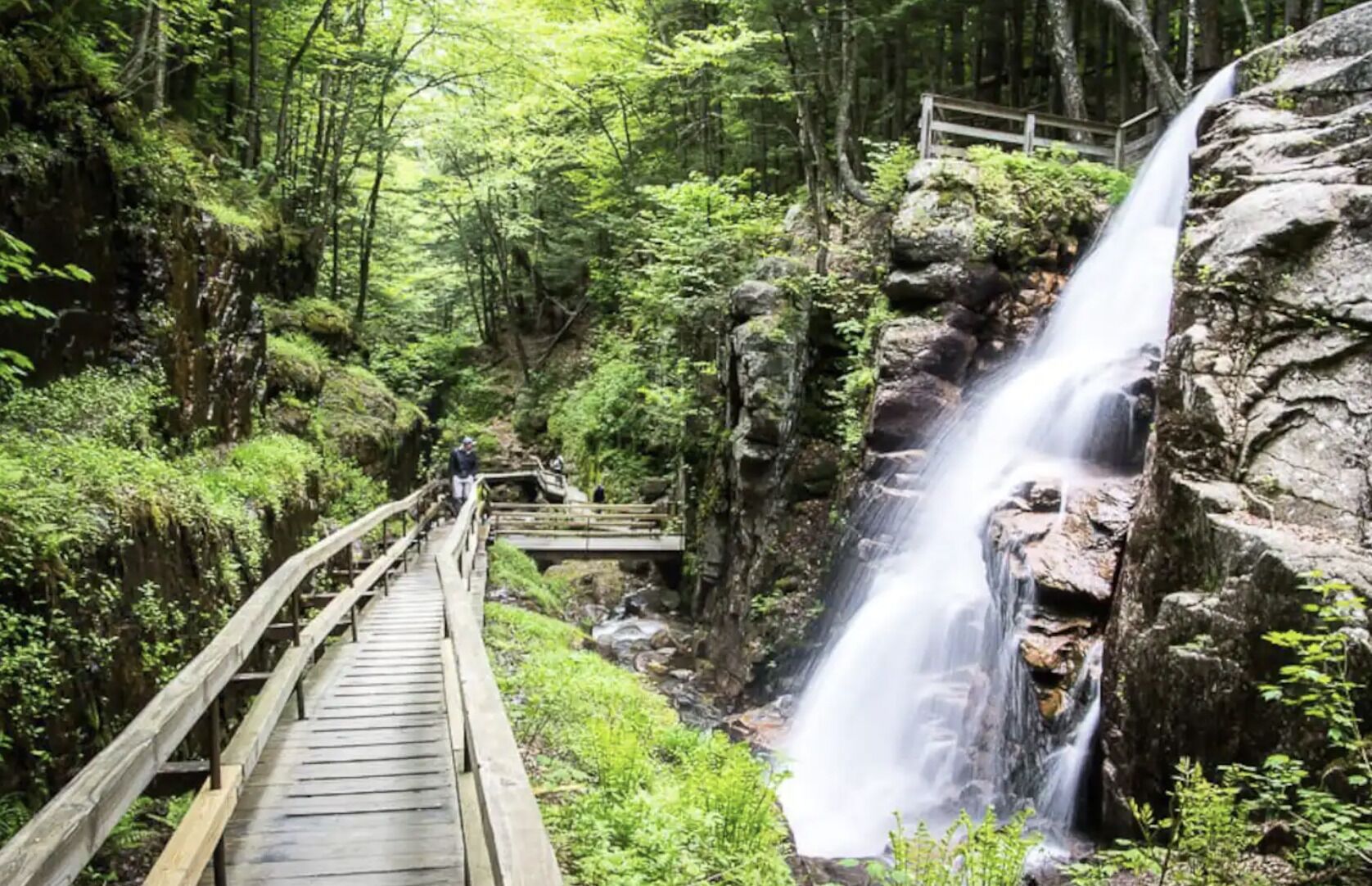 A wooden boardwalk leading to a waterfall in a forested area.