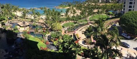 A resort with a pool area, palm trees, and a view of the ocean.