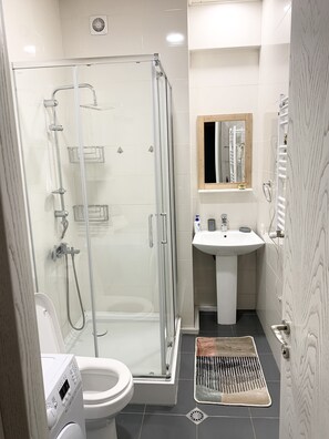 Regadera, secadora de cabello, toallas, shampoo 